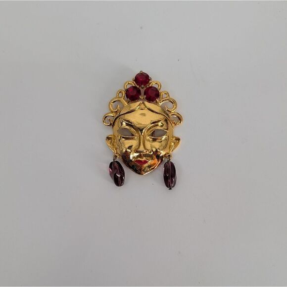 Elegant Gold and Red Face Brooch Maze Vintage - Picture 2 of 4